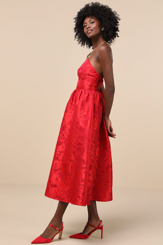 Lulus Picturesque Icon Red Jacquard Lace-up Strapless Midi Dress In Red