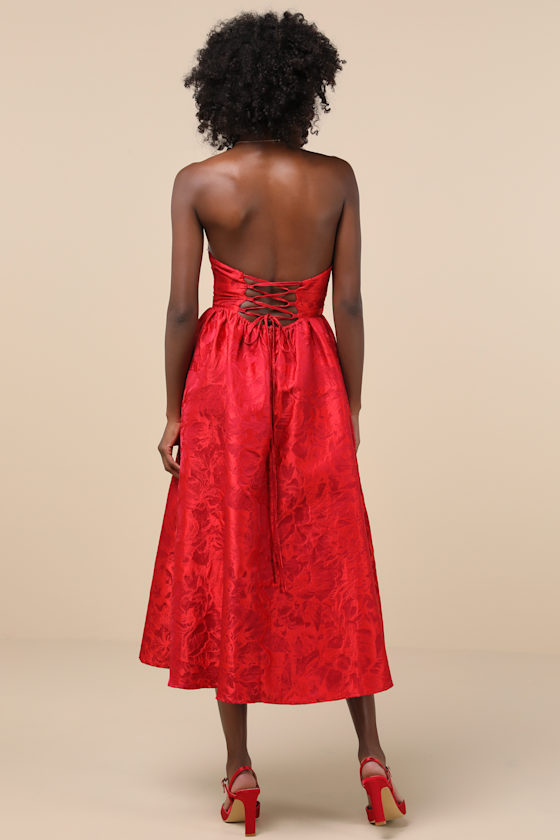 Lulus Picturesque Icon Red Jacquard Lace-up Strapless Midi Dress In Red
