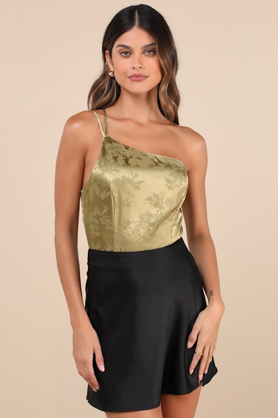 Shop Lulus Desirable Dream Olive Satin Jacquard One-shoulder Bodysuit In Green