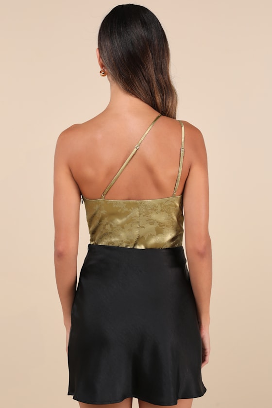 Shop Lulus Desirable Dream Olive Satin Jacquard One-shoulder Bodysuit In Green