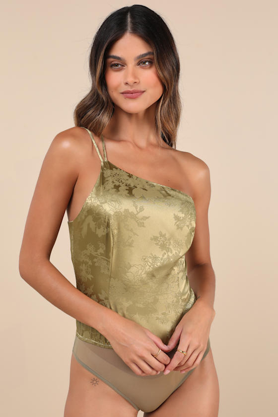 Shop Lulus Desirable Dream Olive Satin Jacquard One-shoulder Bodysuit In Green
