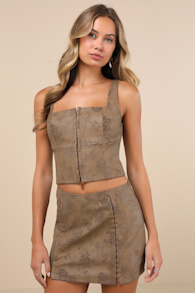 Coveted Brown Floral Vegan Leather Mini Skirt 1