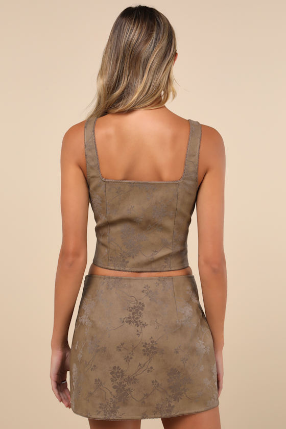 Lulus Coveted Brown Floral Vegan Leather Mini Skirt In Brown
