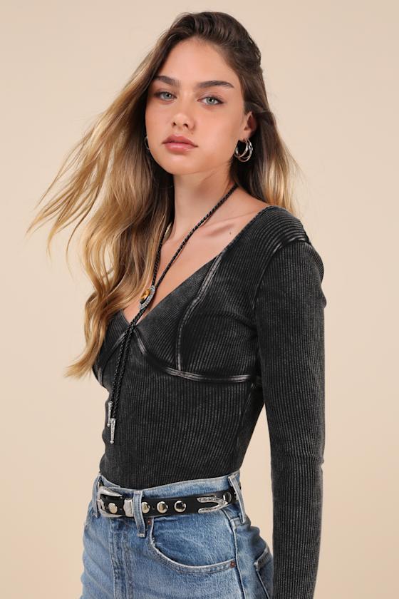 LULUS TRENDSETTING CONFIDENCE WASHED BLACK RIBBED LONG SLEEVE BODYSUIT
