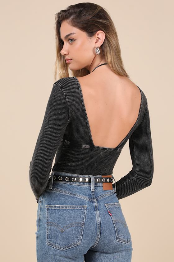 LULUS TRENDSETTING CONFIDENCE WASHED BLACK RIBBED LONG SLEEVE BODYSUIT