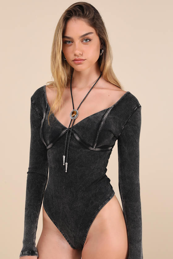 LULUS TRENDSETTING CONFIDENCE WASHED BLACK RIBBED LONG SLEEVE BODYSUIT