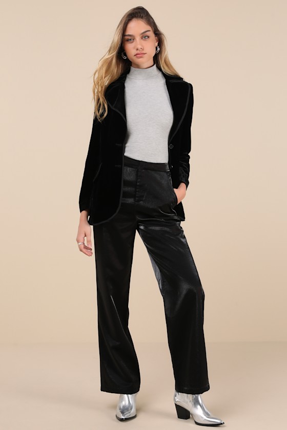 Lulus Confirmedly Chic Shiny Black High-rise Wide-leg Trouser Pants In Black