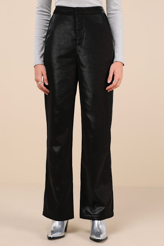 Lulus Confirmedly Chic Shiny Black High-rise Wide-leg Trouser Pants In Black