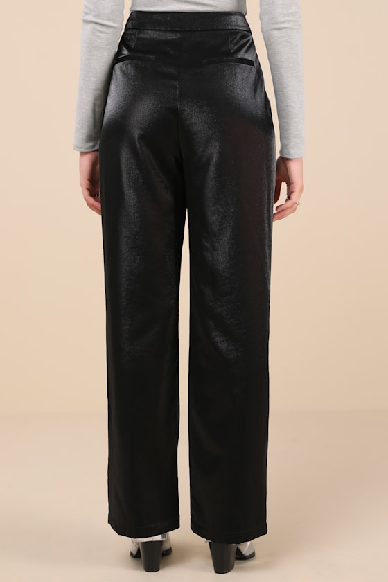 Lulus Confirmedly Chic Shiny Black High-rise Wide-leg Trouser Pants In Black