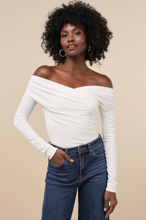 Lulus Designated Cutie Ivory Long Sleeve Surplice Top In Ivory