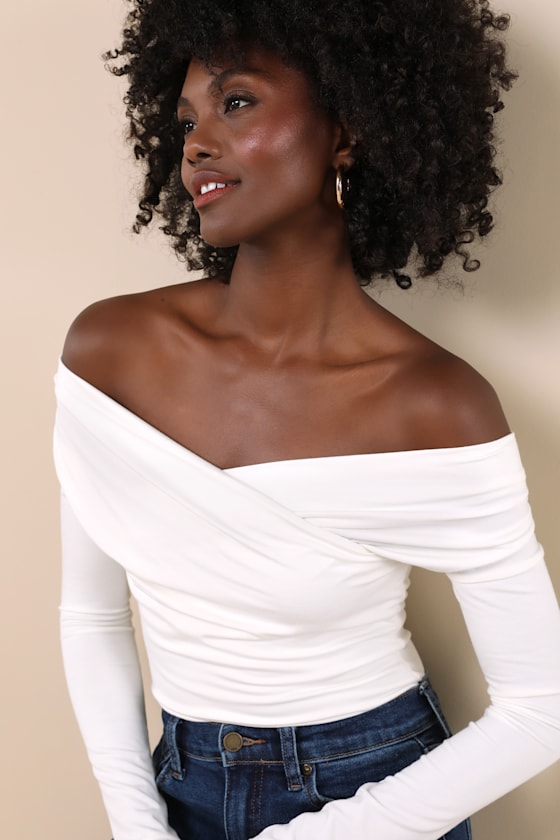 Lulus Designated Cutie Ivory Long Sleeve Surplice Top In Ivory