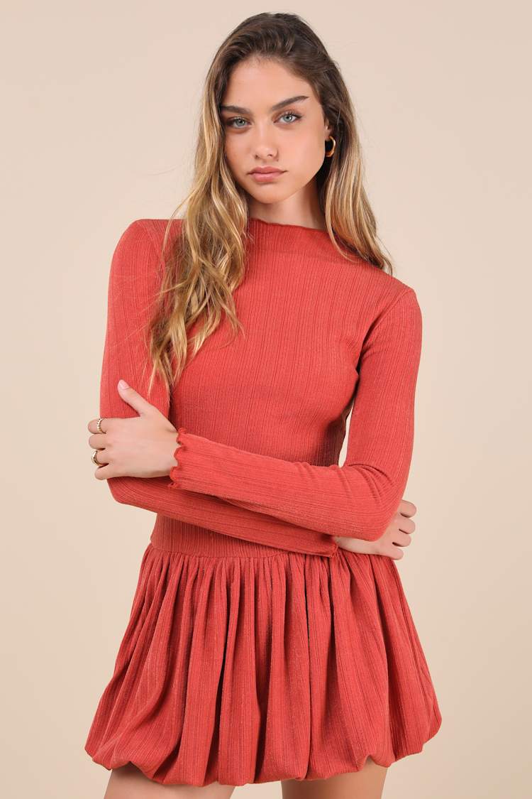 knee length dresses for ladies High Neck Long Sleeve Bubble Hem Dress main image 1