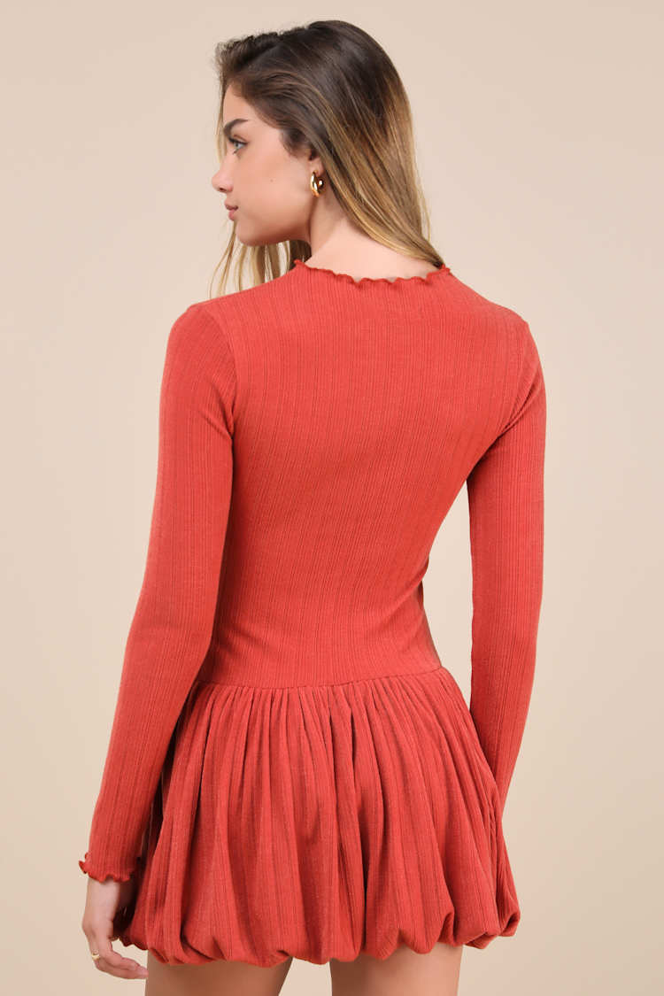Rust Red Bubble-Hem Dress - Long Sleeve Mini Dress - Dress - Lulus