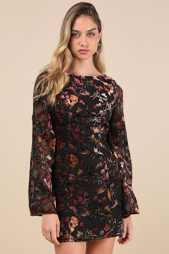 Lulus Charismatic Influence Black Burnout Velvet Cowl Back Mini Dress In Black