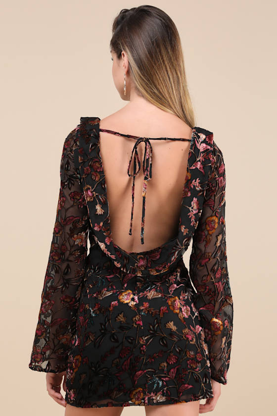 Lulus Charismatic Influence Black Burnout Velvet Cowl Back Mini Dress In Black