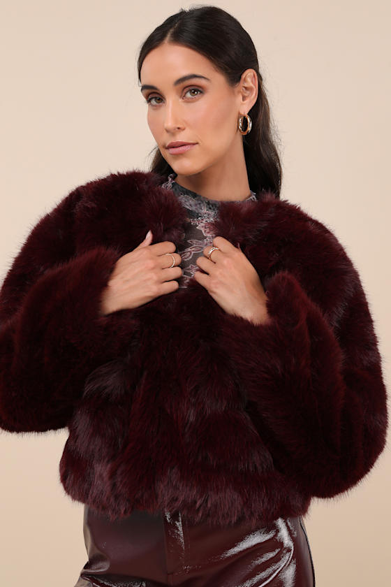 Reysha Burgundy Faux Fur Cropped Jacket 2