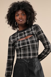 Iconic Aspect Black and Grey Plaid Cutout Long Sleeve Top 1