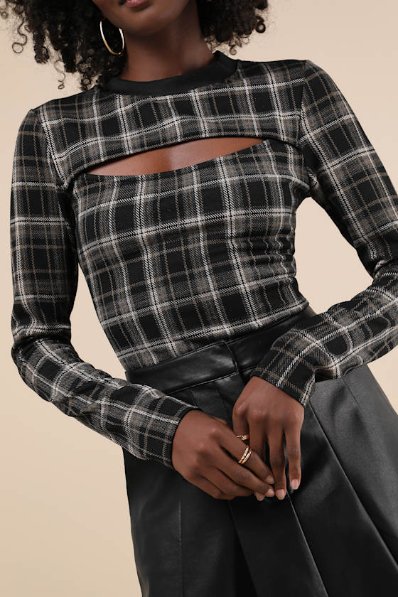 Lulus Iconic Aspect Black And Grey Plaid Cutout Long Sleeve Top In Black And Grey