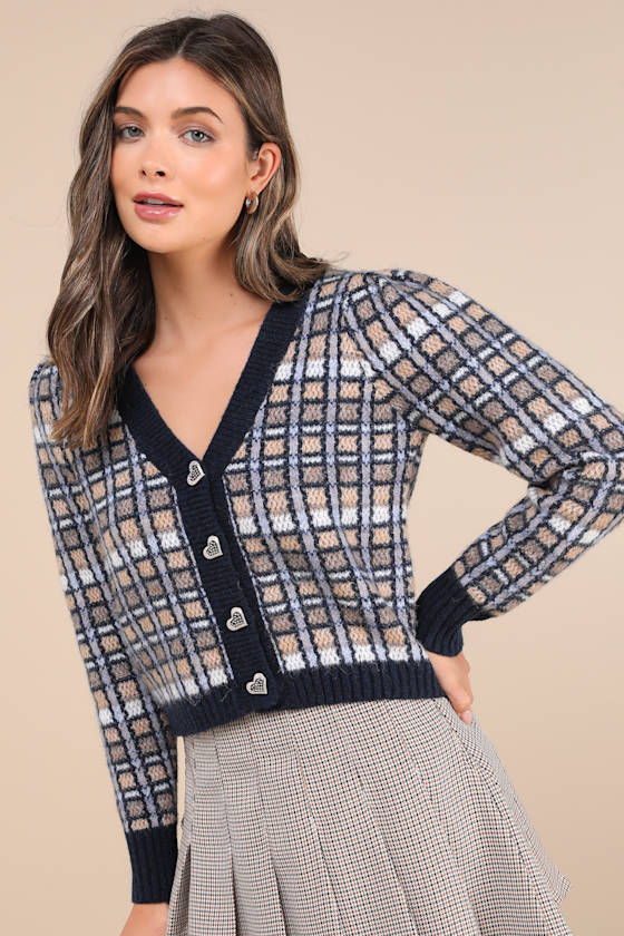 LULUS DELIGHTFUL CONFIDENCE NAVY BLUE PLAID HEART BUTTON CARDIGAN