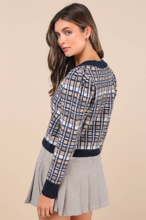 LULUS DELIGHTFUL CONFIDENCE NAVY BLUE PLAID HEART BUTTON CARDIGAN