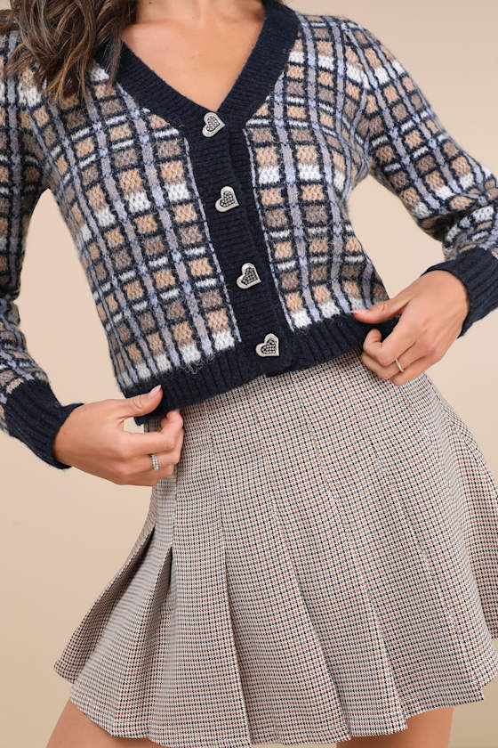 LULUS DELIGHTFUL CONFIDENCE NAVY BLUE PLAID HEART BUTTON CARDIGAN