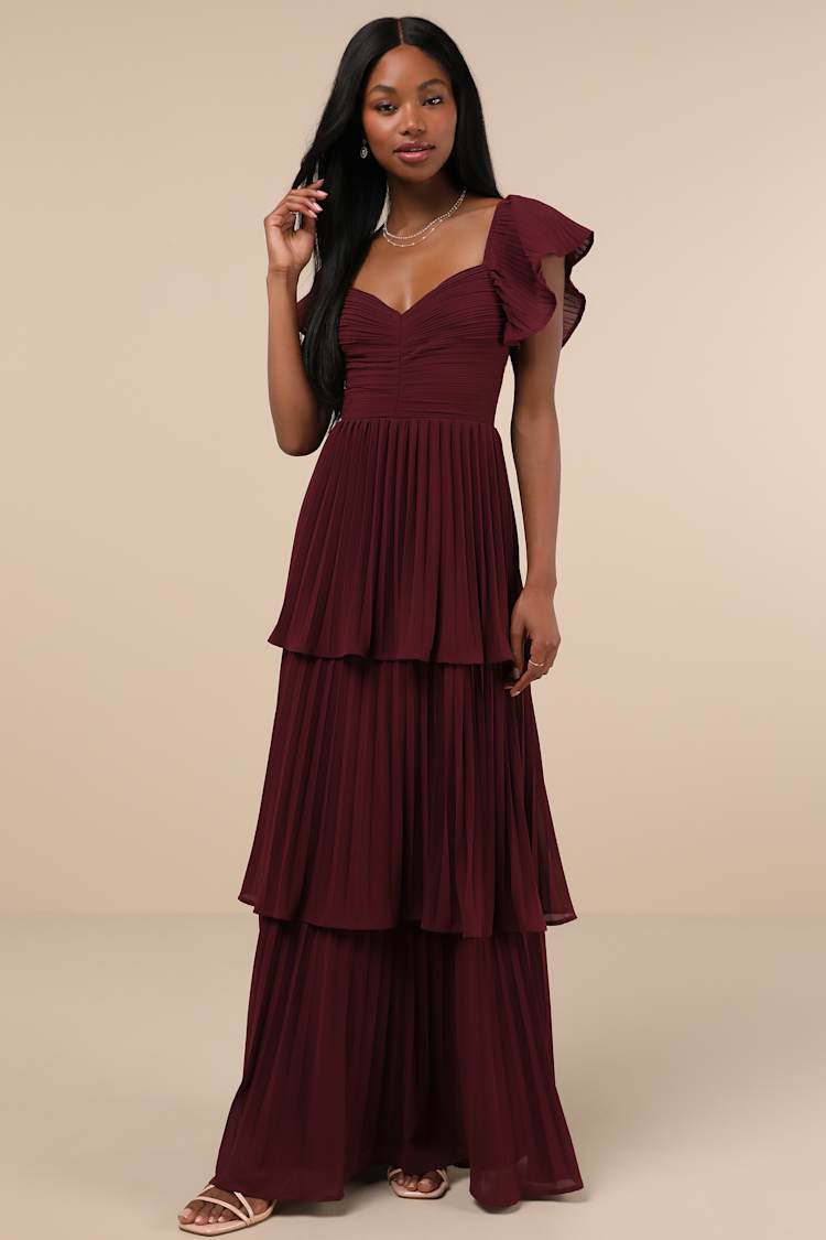 Plum Purple Maxi Dress - Pleated Dress - Flutter Sleeve Dress - Lulus