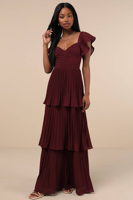 Notorious Charm Plum Purple Pleated Flutter Sleeve Maxi Dress 1