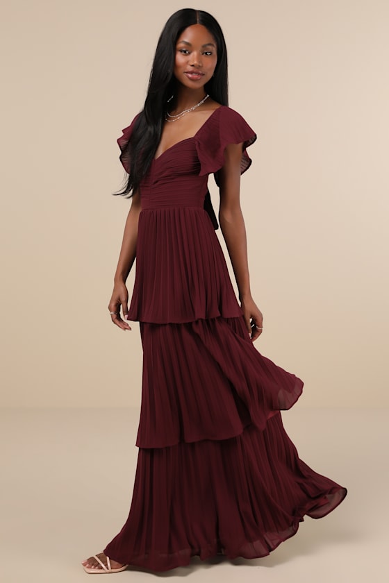 Lulus Notorious Charm Plum Purple Pleated Flutter Sleeve Maxi Dress In Plum Purple
