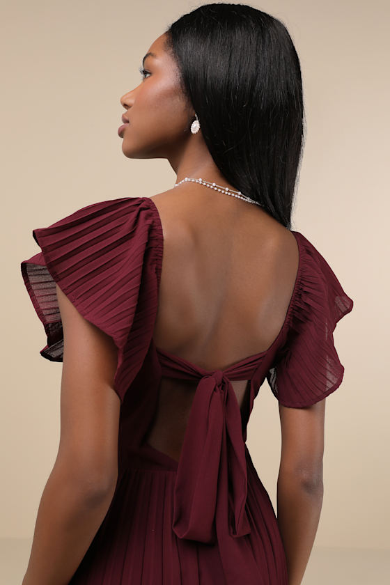 Lulus Notorious Charm Plum Purple Pleated Flutter Sleeve Maxi Dress In Plum Purple