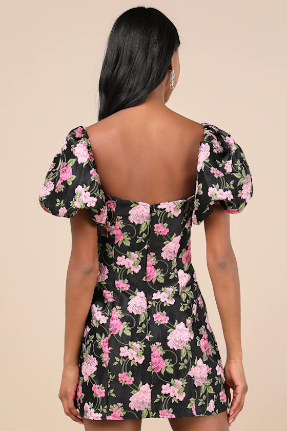 Lulus Completely Beloved Black Floral Off-the-shoulder Mini Dress In Black