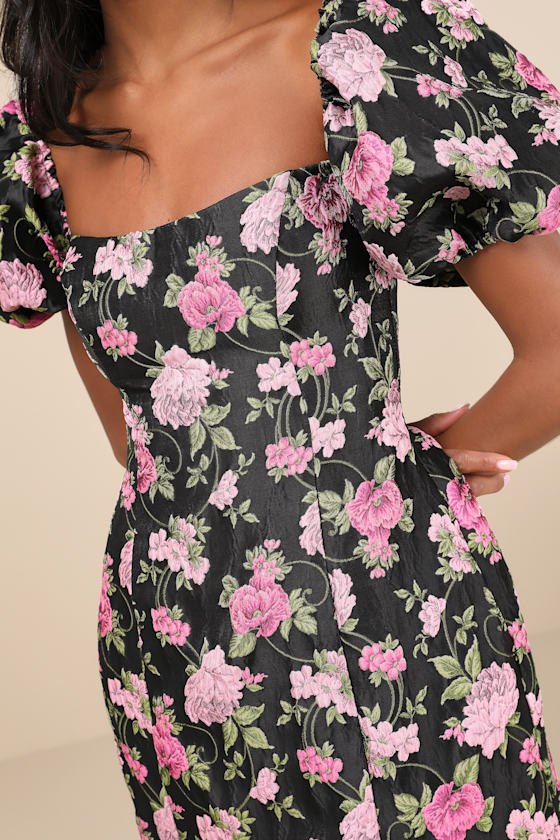 Lulus Completely Beloved Black Floral Off-the-shoulder Mini Dress In Black