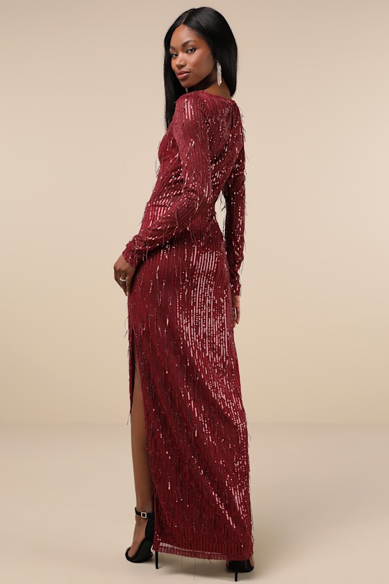 Sheer Fascination Burgundy Sheer Mesh Sequin Fringe Maxi Dress 2