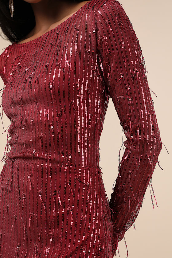 LULUS SHEER FASCINATION BURGUNDY SHEER MESH SEQUIN FRINGE MAXI DRESS