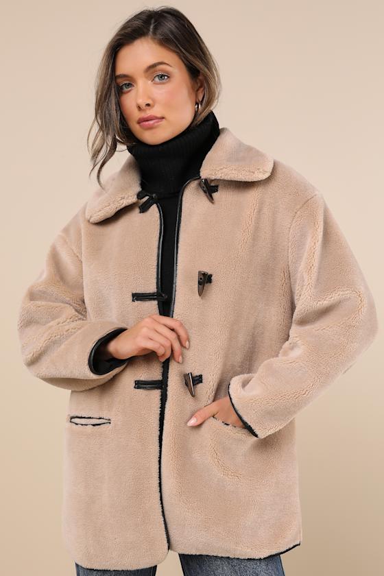 Lulus Coziest Forecast Beige Shearling Collared Toggle Coat In Beige