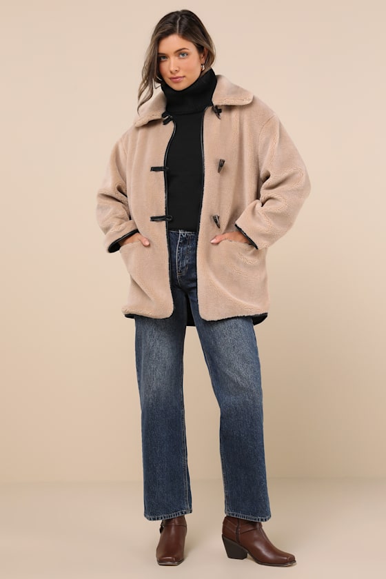 Lulus Coziest Forecast Beige Shearling Collared Toggle Coat In Beige