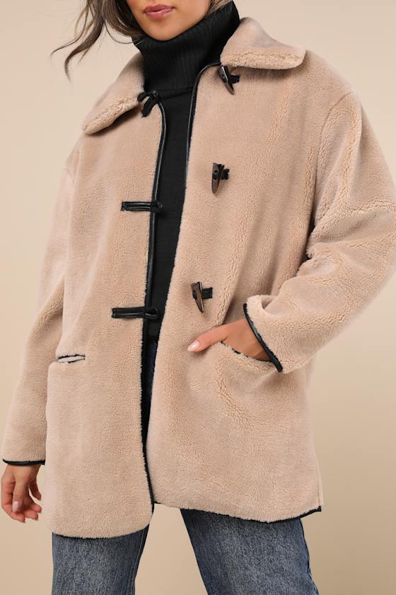 Lulus Coziest Forecast Beige Shearling Collared Toggle Coat In Beige