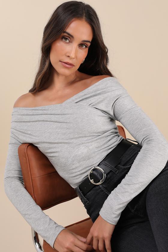 Shop Lulus Designated Cutie Heather Grey Long Sleeve Surplice Top