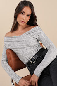 Designated Cutie Heather Grey Long Sleeve Surplice Top