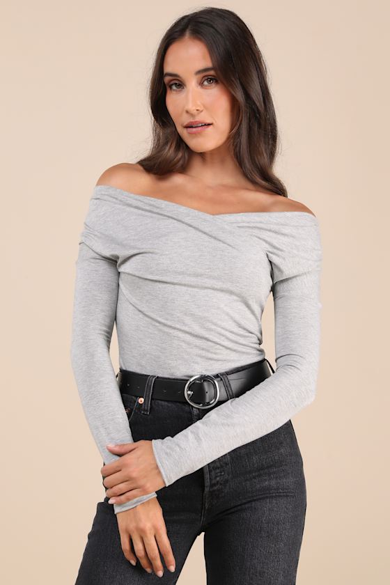 Shop Lulus Designated Cutie Heather Grey Long Sleeve Surplice Top