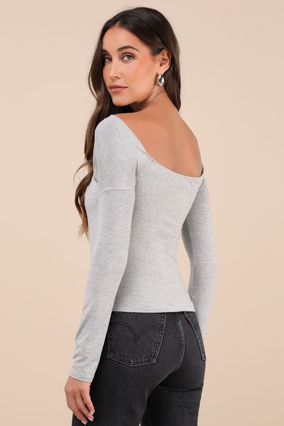 Shop Lulus Designated Cutie Heather Grey Long Sleeve Surplice Top