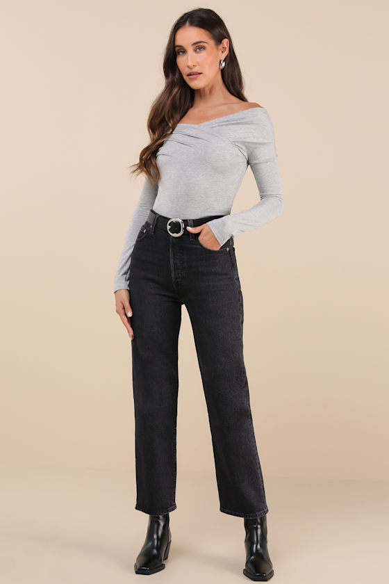 Shop Lulus Designated Cutie Heather Grey Long Sleeve Surplice Top