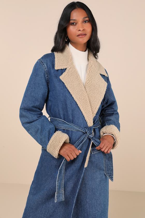 Medium Wash Denim Coat - Denim Trench Coat - Denim Shearling Coat