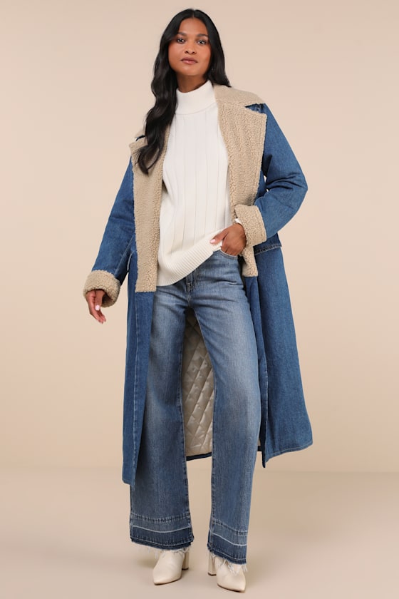 Medium Wash Denim Coat - Denim Trench Coat - Denim Shearling Coat