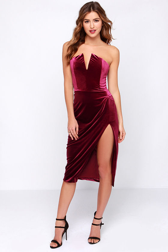 burgundy velvet strapless dress