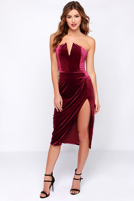 burgundy velvet strapless dress