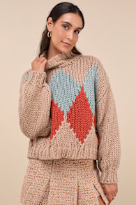 Cabin Cuteness Taupe Multi Diamond Pattern Pullover Sweater 4
