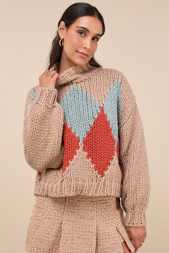 Cabin Cuteness Taupe Multi Diamond Pattern Pullover Sweater 4