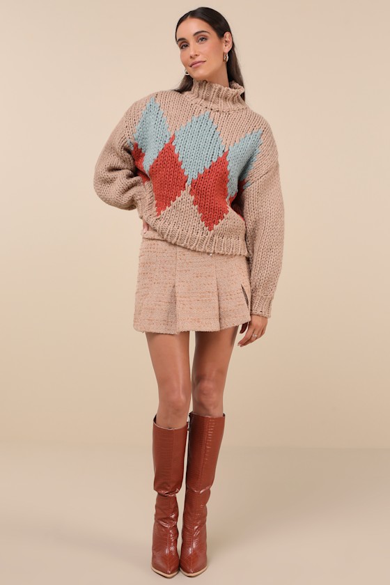 Cabin Cuteness Taupe Multi Diamond Pattern Pullover Sweater 1