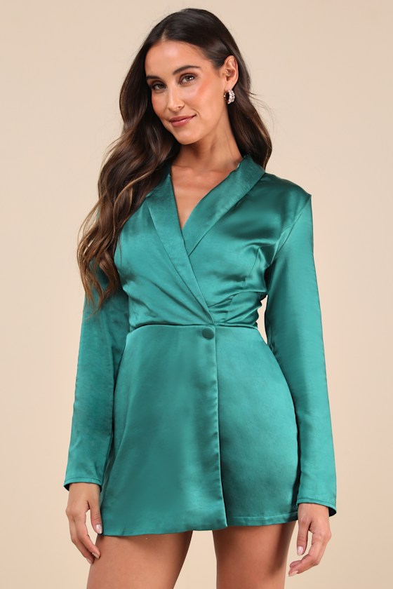 Lulus Elevated Persona Emerald Green Satin Collared Skort Romper In Emerald Green