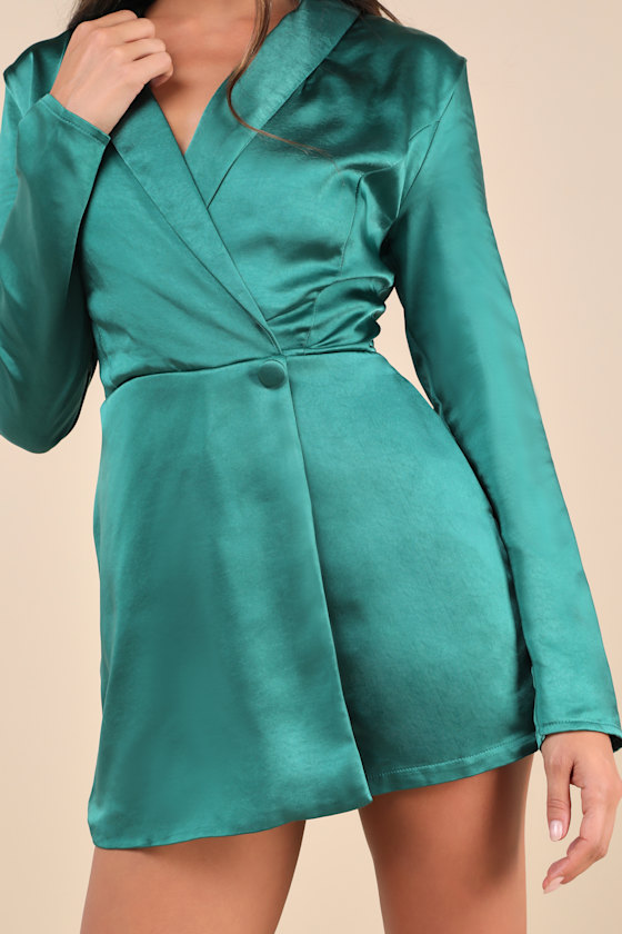 Lulus Elevated Persona Emerald Green Satin Collared Skort Romper In Emerald Green